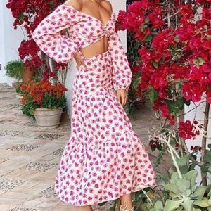 Zara Pink Floral Printed belted Skirt Size M